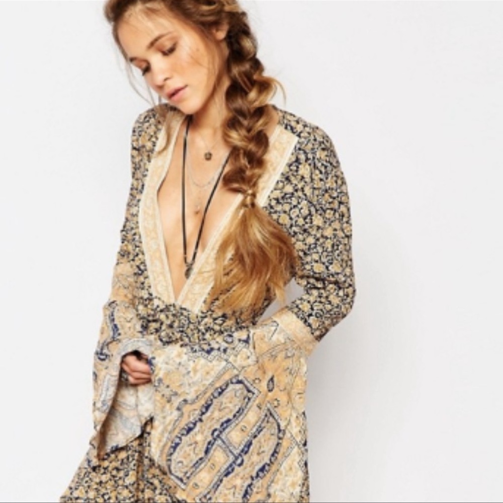 Free People Once Upon a Summertime Romper in Blue Combo size L NWOT